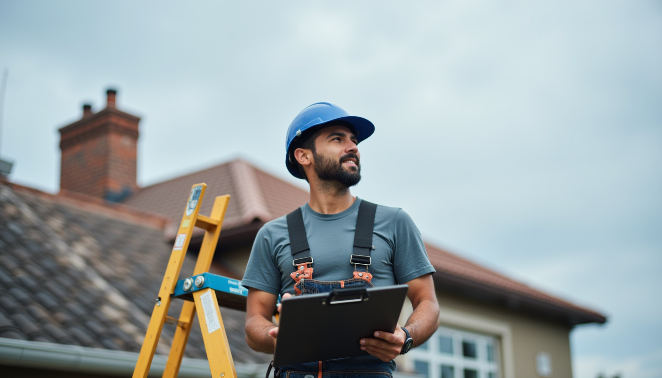 Roofer On A Ladder With Clipboard